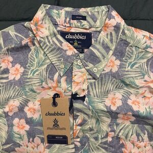 Chubbies Shirt Mens Medium Blue Green Pink Tropical Resort Wear Friday Shirt
